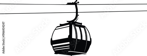 A high contrast black and white silhouette of a single cable car moving along a transport line isolated on transparent background, Vector