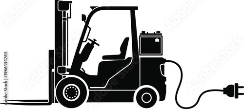 A black silhouette illustration of an electric powered industrial forklift for warehouse usage isolated on transparent background, Vector