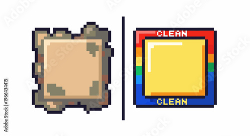 Pixel Art Comparison Dirty and Clean Square Objects.