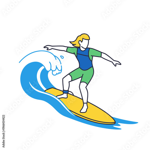 Surfer Girl Riding Yellow Surfboard on Blue Wave, Summer Sport, Flat Design