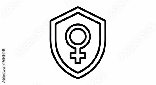 Line art illustration of a shield with a female gender symbol inside on a white background.
