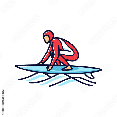 Surfer in Red Wetsuit Riding Wave on Surfboard, Action Sport Illustration