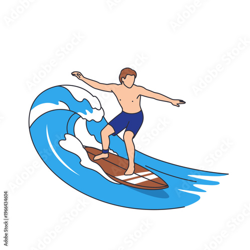 Surfer Riding a Big Blue Wave on a Wooden Surfboard