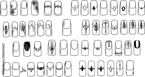 Beauty Manicure Nail Art Designs Collection in Black and White Line Art Style - Hand-Drawn Sketch for Fashion and Personal Care Concepts