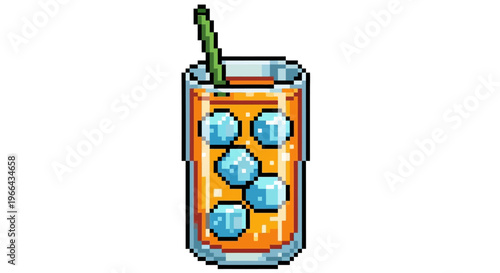 Pixel Art Glass of Orange Juice with Ice Cubes.