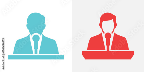 Two faceless businessmen in blue and red silhouettes speaking at podiums