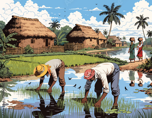 Rural scene depicting farmers working in a paddy field with village life