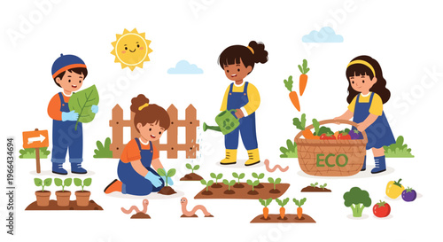 A group of diverse children are happily engaged in various gardening activities, such as planting, watering, and harvesting fresh vegetables.