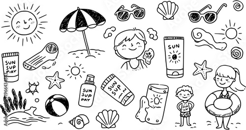 Summer Beach Vacation Doodles Set. Hand-Drawn Black and White Line Art Icons for Sun Protection, Holiday Travel, Kids, and Leisure Activities.