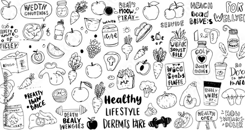 Healthy Lifestyle Doodle Set: Black and White Line Art Icons for Food, Fitness, and Wellness Concepts