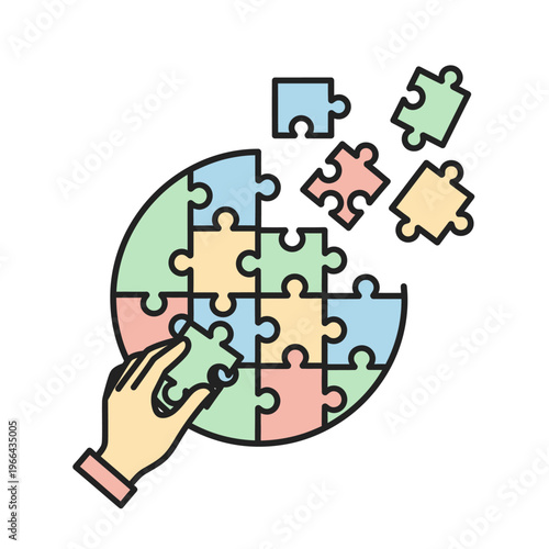 Hand assembling a colorful circular jigsaw puzzle with scattered pieces