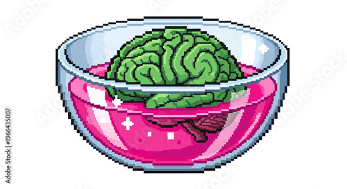 Pixel Art Brain in Pink Liquid in Glass Bowl.