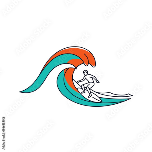 Surfer riding stylized wave, minimalist line art, orange and teal colors, vector illustration