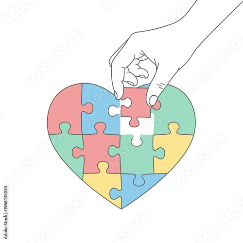 Hand completing a colorful heart-shaped puzzle, symbolizing love, connection, and unity.
