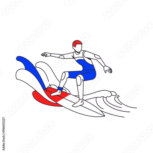 Surfer Riding Wave, Dynamic Action Sport Illustration, Red Blue White