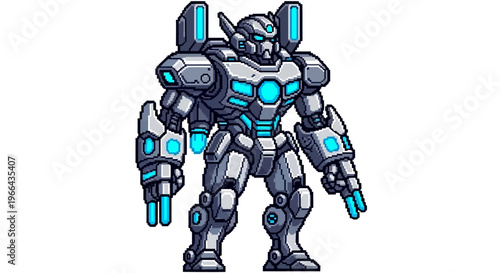 Futuristic Mecha Warrior Robot with Glowing Blue Energy.