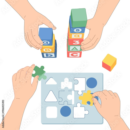 Hands assembling puzzle and stacking alphabet blocks, educational play concept