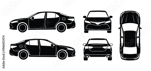 Car silhouette icons set side, front, back, and top views Icon Silhouette vector black design on a white background