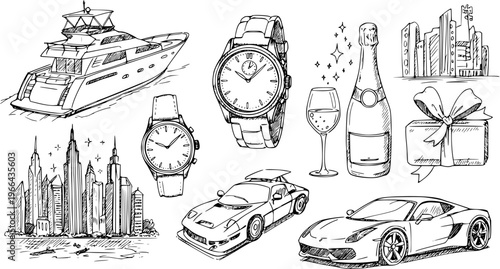 Hand-drawn Black and White Line Art Vector Set of Luxury Lifestyle Icons: Yacht, Sports Cars, Watches, Champagne, Cityscape, and Gift