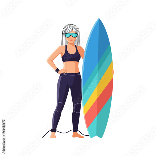 Surfer Woman Standing With Colorful Surfboard, Athletic Female Beach Sport Lifestyle