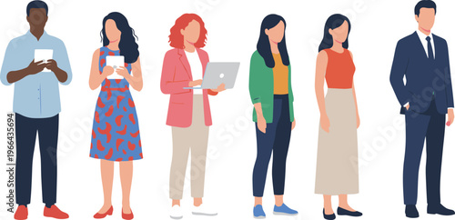 Collection of diverse modern people and business professionals with gadgets and laptops for freelance work and digital nomad lifestyle concept flat vector