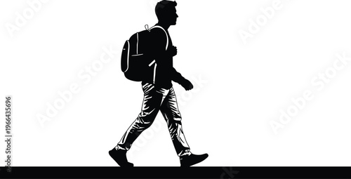 Black silhouette of a young man walking with a backpack for travel, student education, commuting, hiking, and active lifestyle concept.