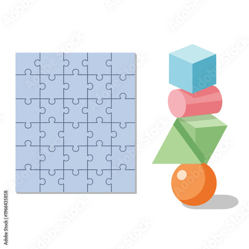 Puzzle pieces and stacked geometric shapes, concepts of problem solving and creativity