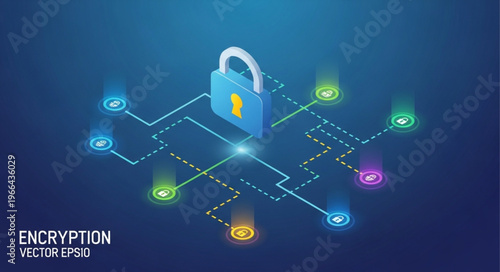 Isometric Encryption Concept - Padlock Securing Digital Network Connections.