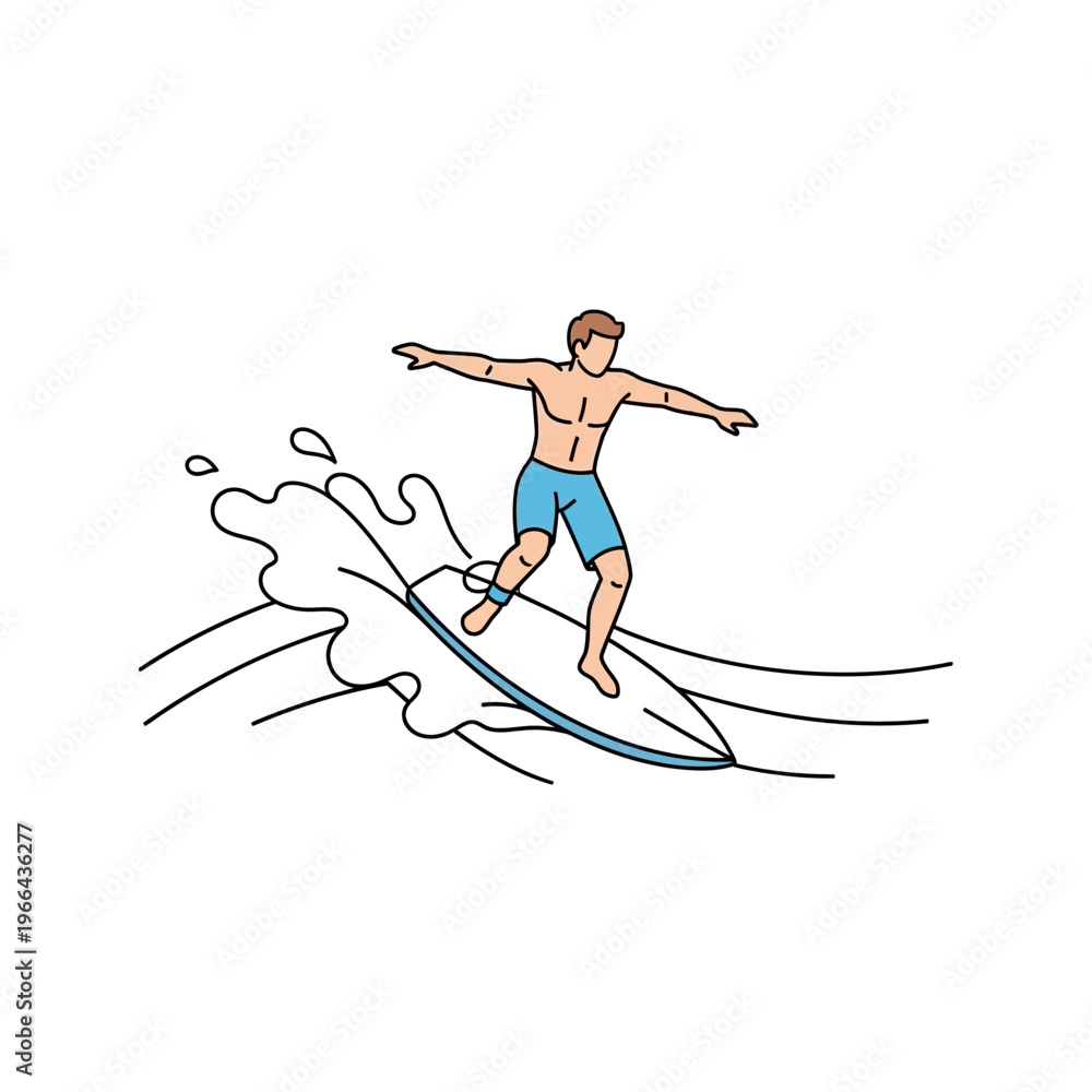 Fototapeta premium Man surfing on surfboard, riding ocean wave with water splash, summer sport, vector illustration