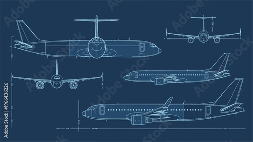 Airplane blueprint technical drawing, detailed aircraft multi view schematic with dimensions, aviation engineering illustration for aerospace design, transport planning, and industrial reference