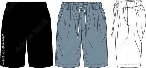 Men shorts vector illustration set, casual sportswear design with front and side views, elastic waistband drawstring shorts for fashion apparel mockup
