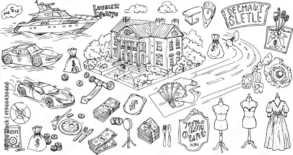 Fototapeta premium Luxury Lifestyle Black and White Line Art Vector: Yacht, Mansions, Sports Cars, Money, Fashion