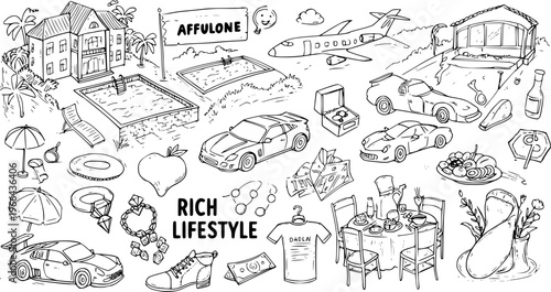 Black and White Hand-drawn Line Art of Rich Lifestyle Elements and Luxury Symbols, featuring Wealth, Success, and Affluence Concepts in Doodle Style.