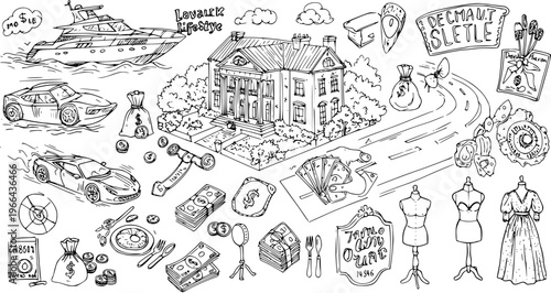 Luxury Lifestyle Black and White Line Art Vector: Yacht, Mansions, Sports Cars, Money, Fashion