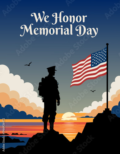 Silhouette of soldier honoring Memorial Day against a sunset backdrop with an American flag waving, clouds and birds visible in the sky