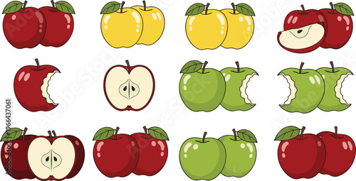 Apple vector illustration set. Red, green and yellow apples with sliced, bitten and whole variations in flat style. Fresh fruit elements for healthy food design.