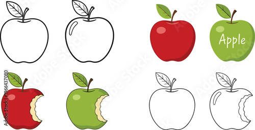 Apple vector illustration set with outline and color versions. Red and green apples with bitten variations in flat style. Fresh fruit elements for food and design use.