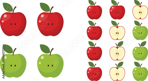 Cute apple vector illustration set. Red and green apples with funny faces and sliced variations in flat cartoon style. Fresh fruit elements for kids food and design.