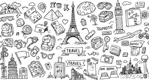 Black and White Hand Drawn Line Art Travel Doodles Set. Tourism Icons, World Landmarks, and Vacation Accessories Collection.