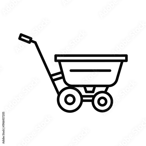 Outline icon of a garden cart or spreader with wheels and a handle, representing gardening, landscaping, and outdoor work, isolated on a white background, symbolizing utility and effort.