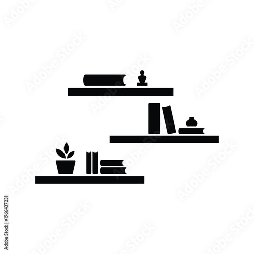 Black silhouette of three shelves with books and decorative bookshelves decorative plant