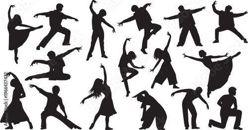 Silhouettes of people dancing in various poses and movements together