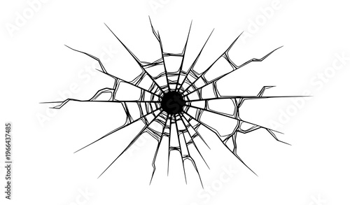 Cracked glass with center hole radial fracture impact damage black and white vector illustration
