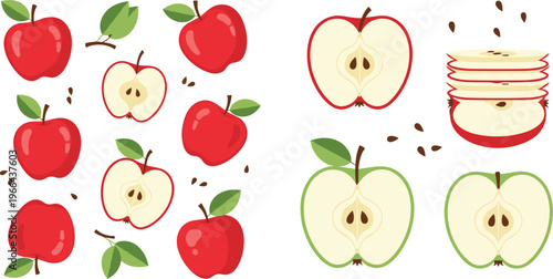 Apple vector set with whole sliced and stacked slice variations. Fresh red and green fruit illustrations with seeds in flat style. Perfect for food design, recipes, packaging, and grocery visuals.