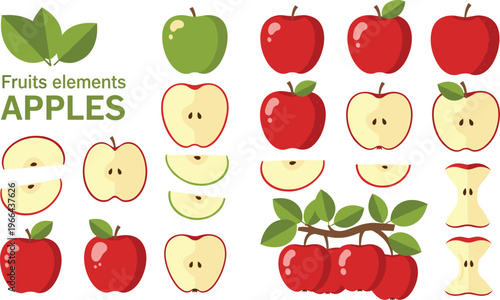 Apple vector set with whole sliced and core variations. Fresh red and green fruit illustrations with leaves in flat style. Ideal for food design, packaging, and grocery visuals.