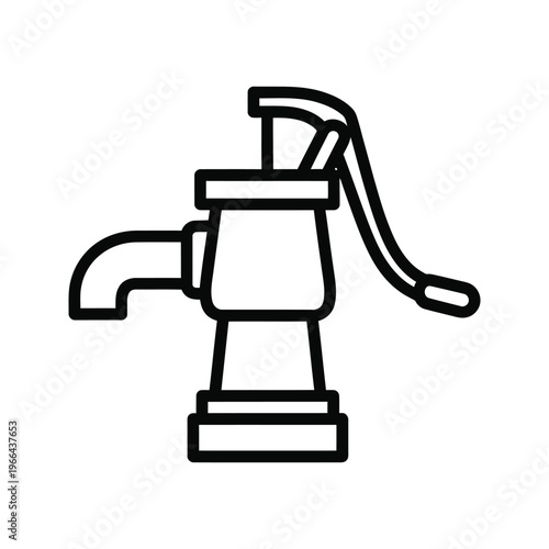 Traditional manual hand water pump line icon, symbolizing essential water access and basic utility in rural or developing areas.