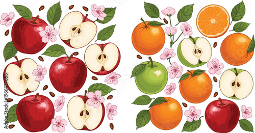 Apple and orange vector set with slices, leaves, and flowers. Botanical style fruit illustrations in flat design. Perfect for food packaging, organic products, and nature themed visuals.