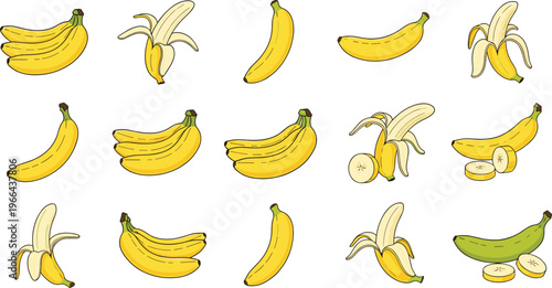 Banana vector set with peeled sliced and whole variations. Includes green and ripe tropical fruit illustrations in flat style. Ideal for food design, grocery, packaging, and healthy lifestyle visuals.