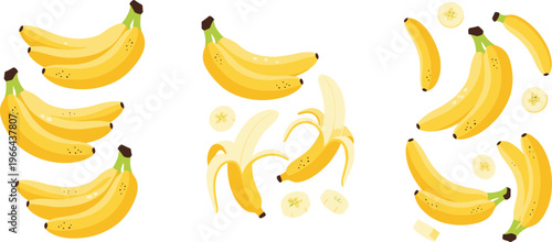 Banana vector set with bunches peeled and sliced elements. Fresh tropical fruit illustrations arranged in dynamic compositions. Perfect for food design, packaging, healthy lifestyle visuals.