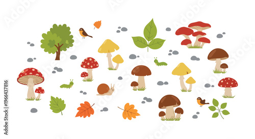 This charming vector illustration features a collection of nature elements like colorful mushrooms, autumn leaves, small forest animals, and pebbles.